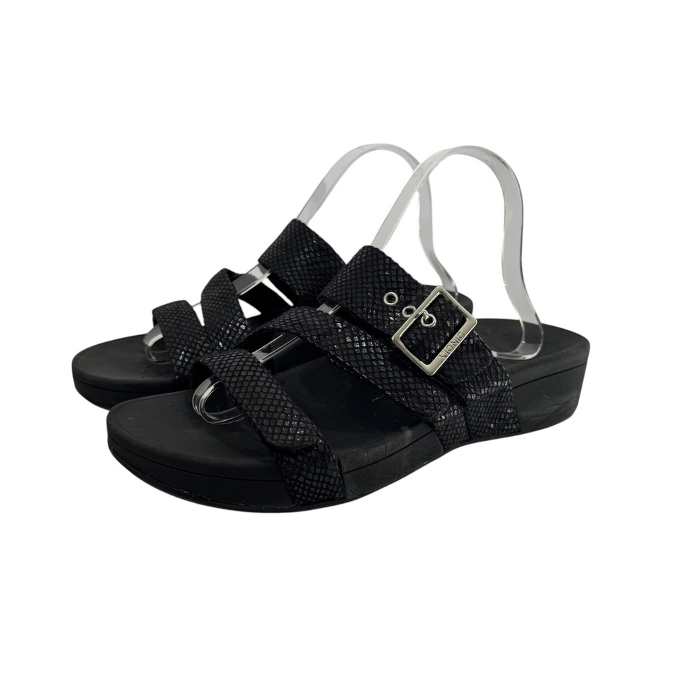 Vionic Rio Black Snakeskin Embossed Orthotic Slide Sandals Wedge Buckle 10